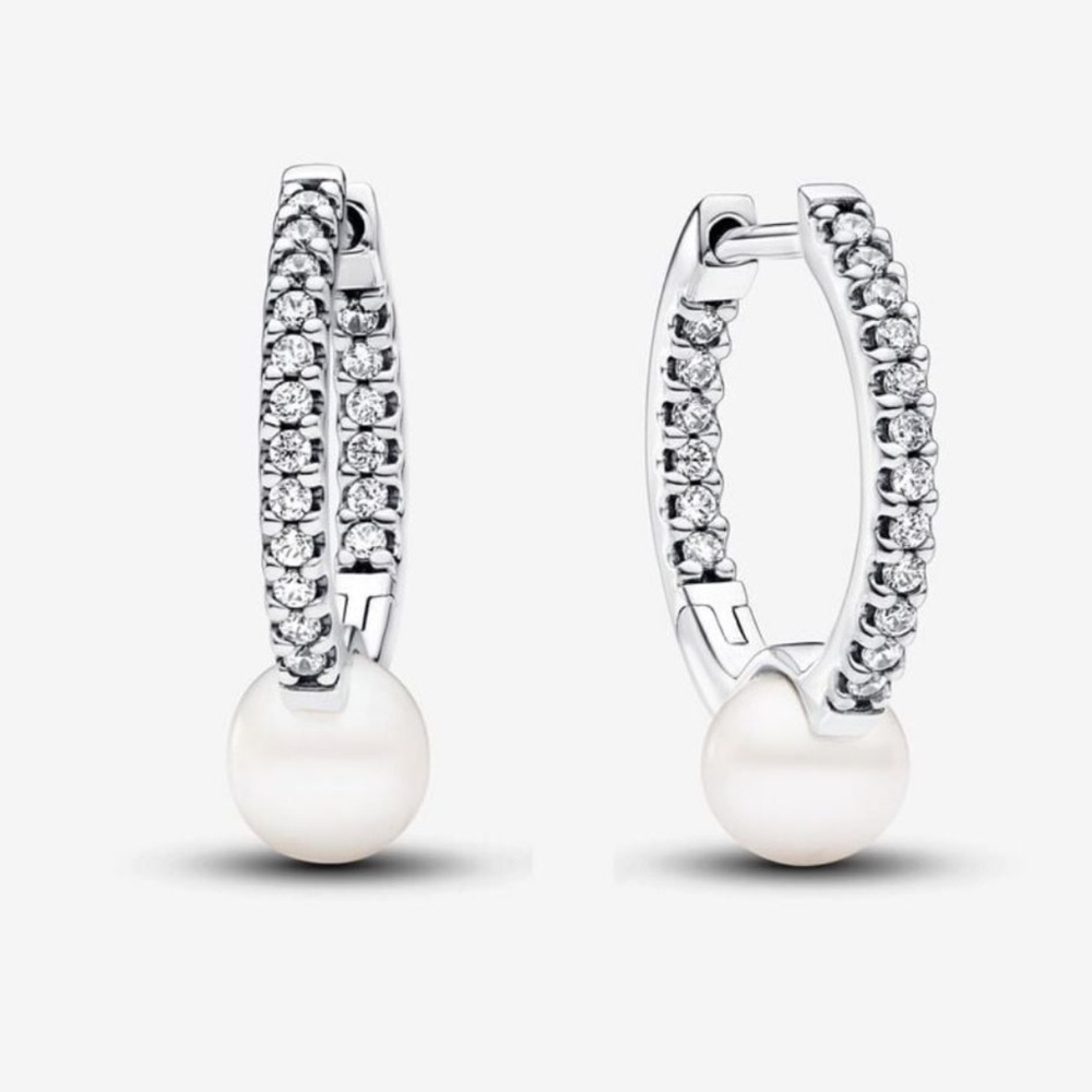 Pandora Elegant Silver and White Small Pearl Hoop Earrings NWOT